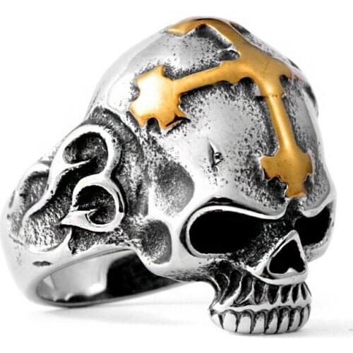 SECRET BOYS Steel Soldier Cross Skull Stainless Punk Retro Ring for Men