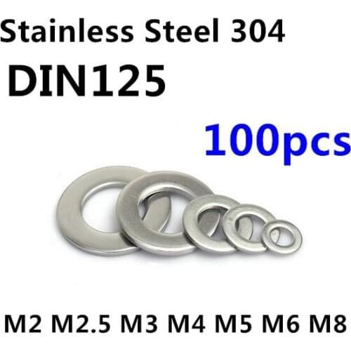 100pcs/lot DIN125 Stainless Steel Washer M2/M2.5/M3/M4/M5/M6/M8 Flat Washer 2mm/2.5mm/3mm/4mm/5mm/6mm/8mm Washer