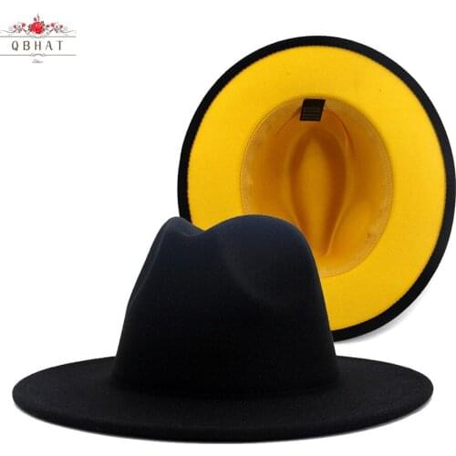 QBHAT Black with Yellow Bottom Patchwork Panama Wool Felt Jazz Fedora Hats with Black Felt Band Party Cowboy Trilby Gambler Hat