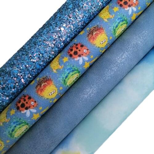 Blue Glitter leather, Monsters Printed synthetic leather with Felt Backing, Cloudy Faux Leather Sheets For Bow DIY 21x29CM KM677