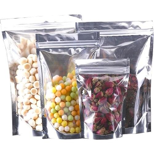 Thick 50pcs One Side Laser Ziplock Gift Bags Snack Nuts Beans Food Holographic Mylar Bags Clear Front Hologram Stand Up Pouches