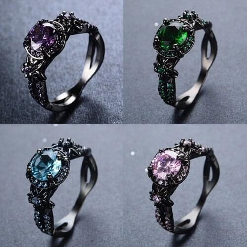 Hip Hop Female Rainbow Crystal Stone Ring Charm 14KT Black Gold Flower Wedding Rings For Women Punk Round Zircon Engagement Ring
