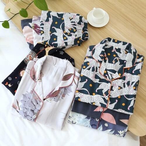 Spring Womens Cotton Pajamas Set Leopard Deer Floral Print Homewear Long Sleeve Pyjama Femme Loose Sleepwear Female Home Suit