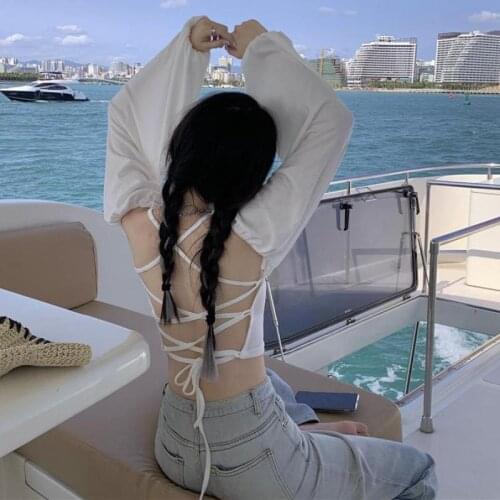 Women Cotton Hollow Out Sexy Tshirt Bandage Backless Long Sleeve Tops Harajuku Slim Bodycon Streetwear Tees