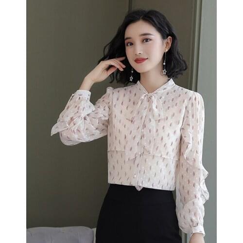 2021 New Spring Autumn Women Lacing Bow V-Neck Long Sleeve Shirt High Quality Fashion Print Ruffles Loose Chiffon Shirt