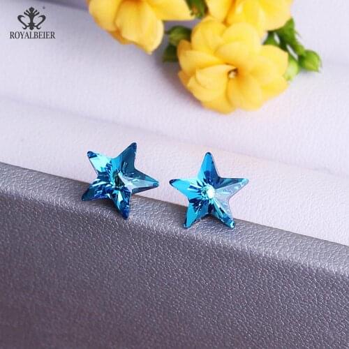 ROYALBEIER New Blue Green Purple Crystal Earrings 10mm Rhinestones Star Crystal Stud Earrings Women Pentagram Jewelry