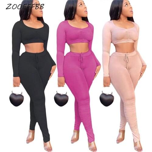ZOOEFFBB Ruched Two Piece Set Fall Y2k Outfits for Women Sexy Long Sleeve Crop Top and Lace Up Pants Lounge Wear Matching Sets