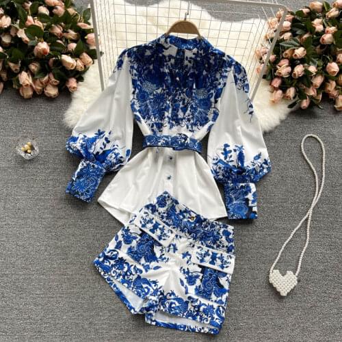Autumn Fashion Chic Two Piece Set Womens Suit Printed Lantern Sleeve Blouse Tops & High Waist Shorts Female Office Suit Outfits