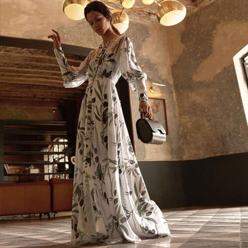 Elegant Print Chic Print Dress Vintage V-neck Long Sleeve 2021 Spring/Autumn A Line Dress Women Maxi Dresses Vestidos A915
