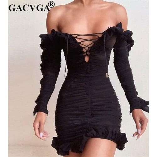 GACVGA 2020 Ruffles Sheer Mesh Sexy See Through Dress Women Off Shoulder Lace Up Bodycon Bandage Dress Mini Party Dress Vestidos