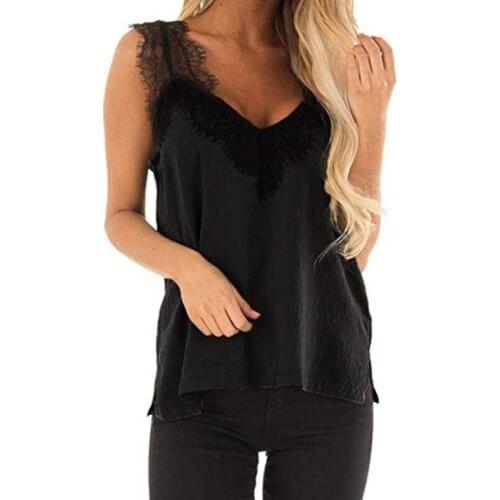 2019 New Womens Fashion T-shirt Lace Stitching Solid Color Sleeveless V-neck Sexy T-shirts Ladies Spring Summer Trend Top W093