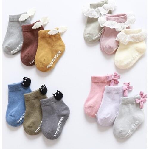 3Pairs/Set Newborn Baby Socks Cute Bow Lace Wing Baby Girl Socks Soft Cotton Infant Socks New Born Anti Slip Socks recien nacido