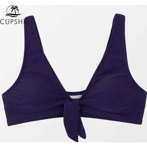 CUPSHE Solid Navy Knotted Bikini Top Only For Women Sexy V-neck Removable Padded Tank Top 2021 Beach Separate Swimsuit Bra Top