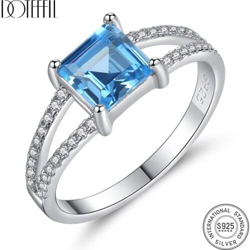 DOTEFFIL Fashion Genuine Sterling Silver 925 Rings for Women Asscher Cut Sky Blue Antique Geometric Promise Rings Christmas Gift