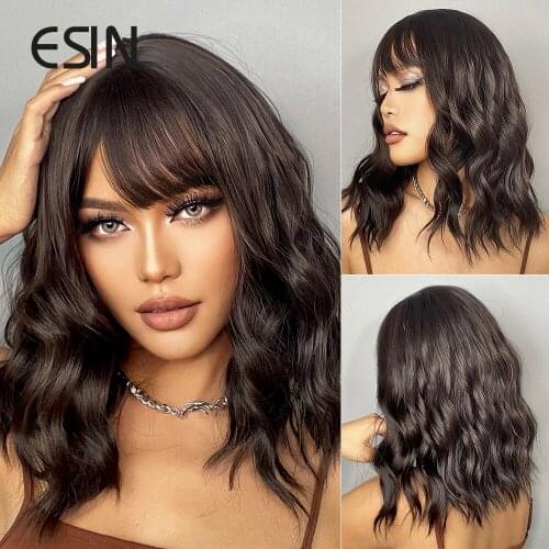 ESIN Dark Brown Medium Long Loose Body Wave Wig with Bangs Cosplay Daily Natural Wigs for Women Heat-resistant Synthetic Hair