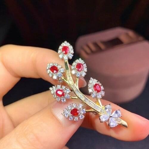 Grace flower bloom natural red ruby brooch Pendant natural gemstone pendant Two uses S925 silver girl wedding gift jewelry