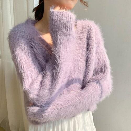 Autumn Winter Knitted Cardigan Sweater Female V Neck Women Cardigan Casual Purple Wool Sweater Woman Pull Femme Coat New 17185