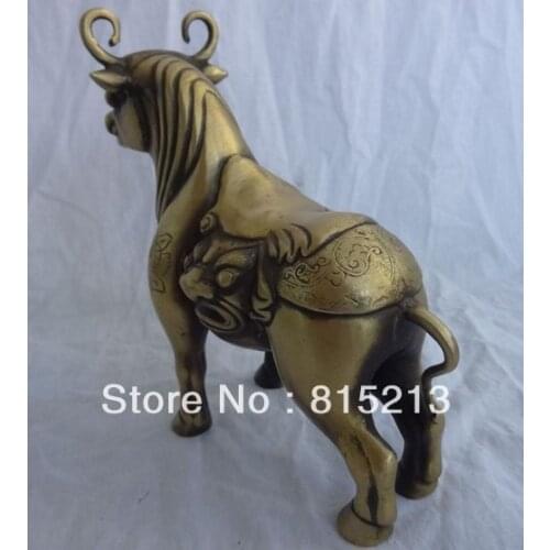 Bi00314 8" Chinese Bronze Carved Wealth Bull Ox Statue Lion Head Animals Sculpture
