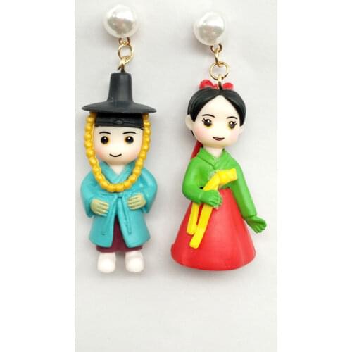 Cute Handmade Asymmetric Cartoon Characters Traditional Hanbok drop Earrings Funny Figure Jewelry for women Unique Party Earring