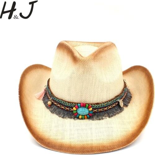 Fashion Women Straw Cowboy Hat With Punk Leather Band For Lady Dad Western Sombrero Hombre Cowgirl Jazz Caps Size 58CM