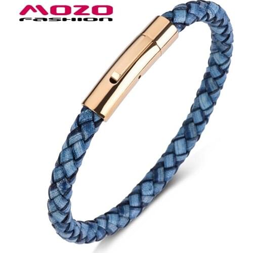 Fashion Bangle Hot Sale Men Bracelet Retro Blue Leather Stainless Steel Gold Snap Button Women Jewelry PS1067