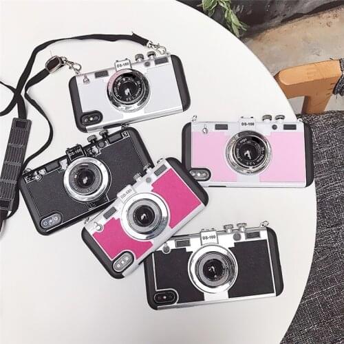Fashion Cute Shockproof 3D Camera Lanyard Strap Retro Back Case Cover For iPhone 12 Mini XS 11 12 Pro Max SE X XR 7 8 6 6S Plus