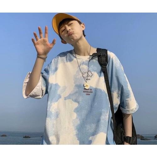 Tie Dye Men T Shirt Short Sleeve Round Neck Oversized Korean Fashion Harajuku Streetwear Hip Pop Vintage Couple Clothing Love
