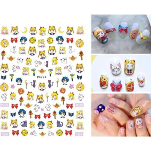 10PCS3DCartoon Anime Characters Nail Art Sticker Moon Girl Cat Pink Leopard DIY Color Adhesive Nail Art Decoration Decal