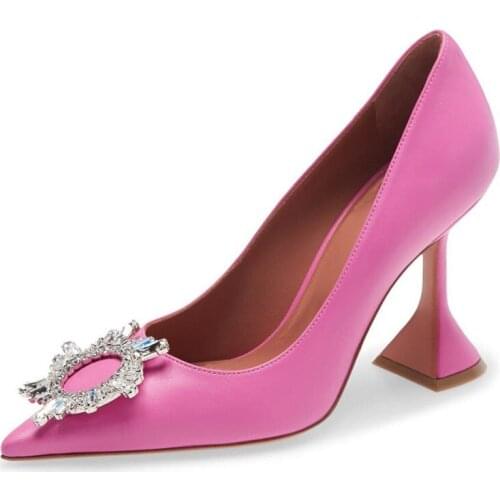 Spring new pink PU fashion pointed stiletto high heel rhinestone single shoes large size banquet dress all-match womens shoes