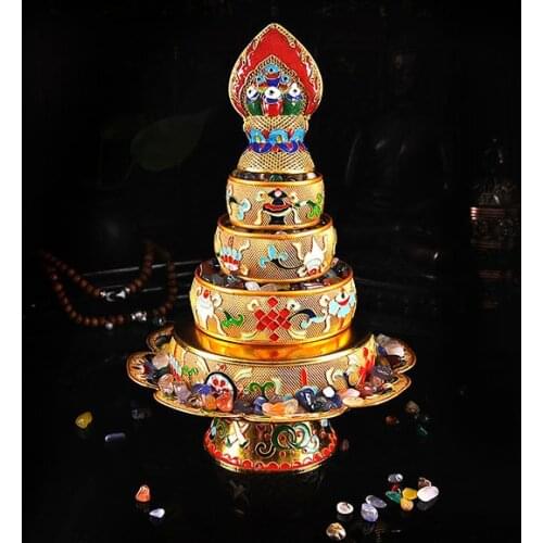 Wholesale Buddhist supplies -efficacious Talisman Tibetan 37TH The eight auspicious Manja Mandala disc gilding statue+gemstone