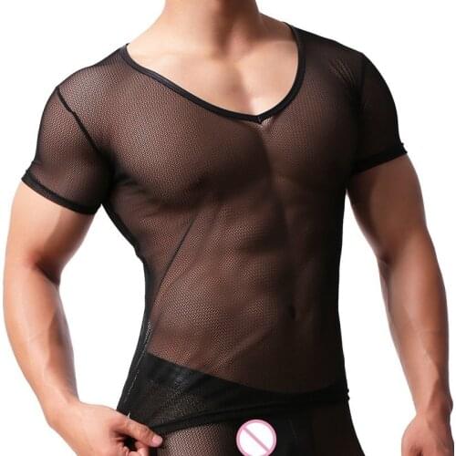 Transparent Mesh T Shirt Men Tshirt Sexy See Through Undershirt Gay Male Short Sleeve Singlet Underwear Mens Lingerie Clothing
