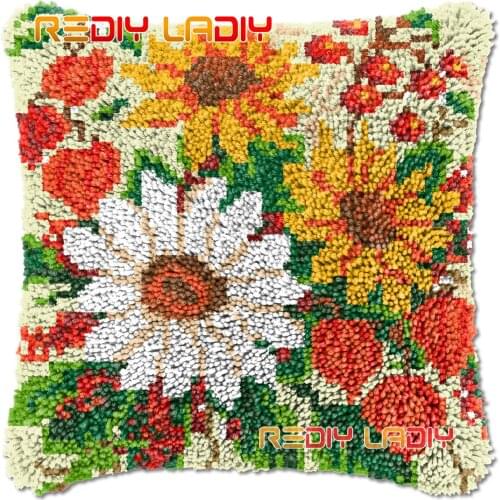 Latch Hook Cushion Colorful Daises DIY Needlepoint Kits Chunky Acrylic Yarn Arts Crocheting Lofty Pillow Case Hobby & Crafts