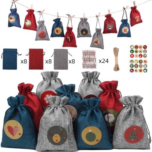 Christmas decoration 3 colors Christmas linen bundle pocket Christmas gift pendant gift bag 24 Christmas pendant sets