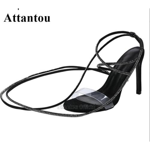 Bling Bling Jewelled Decor Narrow Band Cross-tied Lace Up Thin High Heel Sandals Woman Clear PVC Transparent Stage Shoes