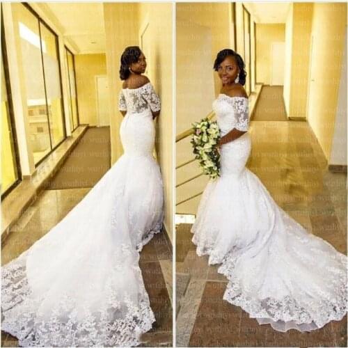 Wuzhiyi 209 Mermaid wedding dress long train off the shoulder vestido de noiva half sleeves African wedding dress zipper back