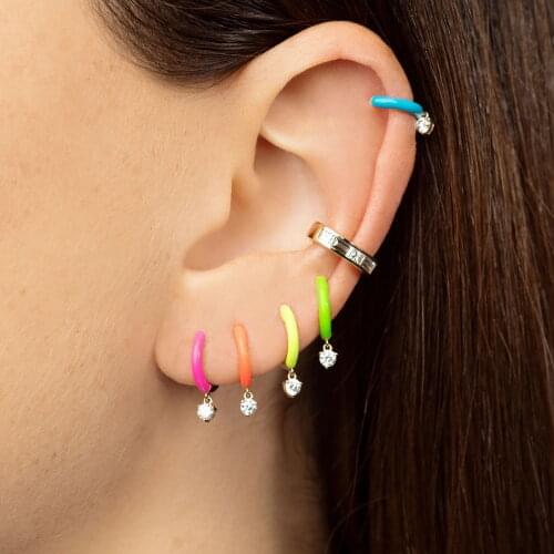 Candy Enamel Colorful Fashion Women Jewelry Neon Circle Prong Set White CZ Dangle Drop Earring