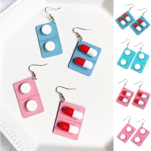 1 pair Funny Capsule Pill Earring Cute Wood Medicine Dangle Earring Fashion Splicing Pendant Earring Gift For Women Girls