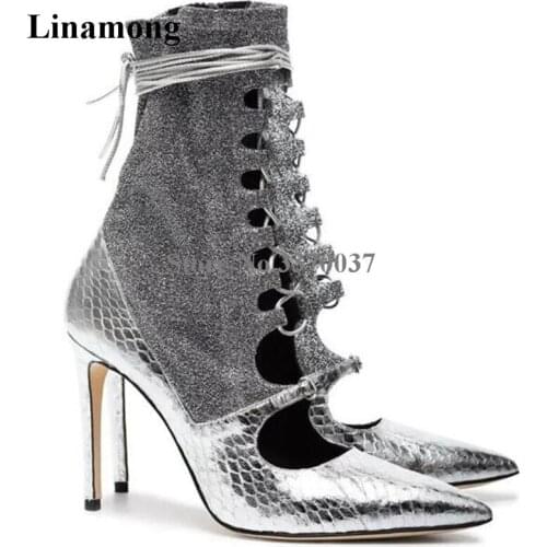 Women Fashion Pointed Toe Silver Pattern Leather Lace-up Thin Heel Sock Short Boots Cut-out Bandage Ankle Boots Dress Shoes