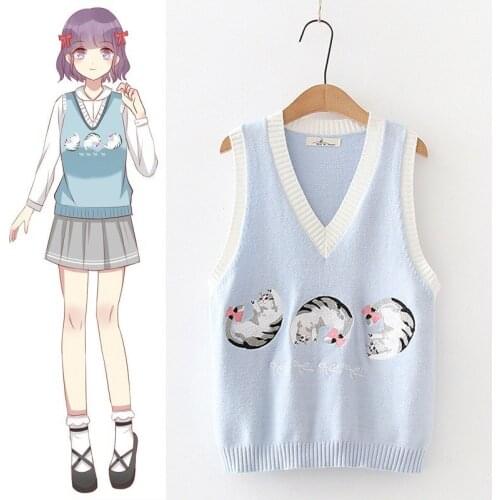 Candy Color Kawaii Cat Sweater Vest 2021 Winter V-Neck Sleeveless Sweaters Cute Knitted Jumpers Sweet Style Ladies Outwear Top