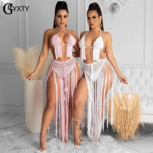 GBYXTY Summer Beach Set Crochet Hollow Out Tassel Swimsuit Women Sexy Halter Bra Top and Short 2 Piece Set Femme Bathsuit ZL1158