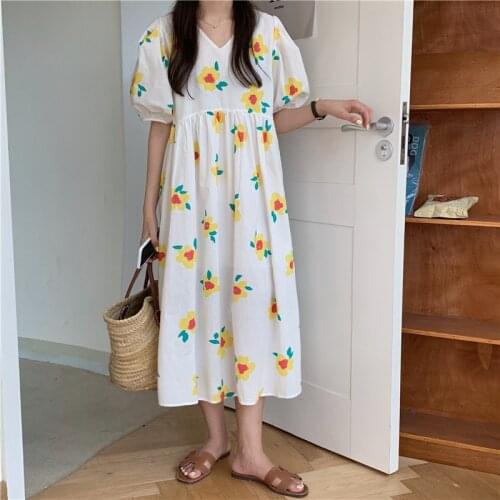 Vintage French Floral Print V-Neck Puff Sleeve Loose Casual Womens Dresses Y2k Dress Plus Size Clothing Summer Sundresses