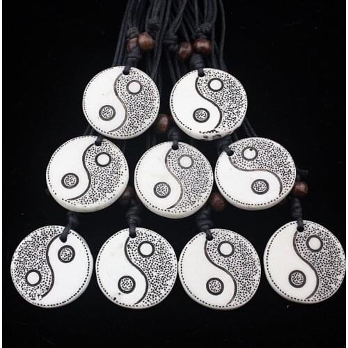 LOT 12pcs Faux bone carved Taoist Tai Chi Yin Yang Pendants Necklaces Black Rope Adjustable for men womens Amulets Gifts MN261