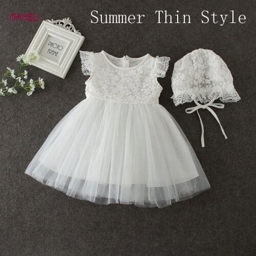 2020 Summer Thin Baby Girls Dress with Cap Princess Children Girls White widding Dress for 0-24M