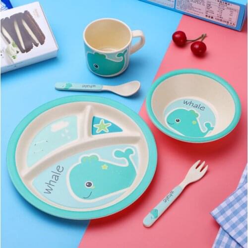 5pcs/set Baby Dish Training Tableware Children Cute Cartoon Feeding Food Dishes Kids Dinnerware with Bowl Cup Spoon Fork Plate