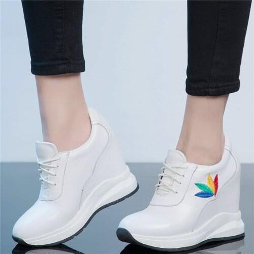 Casual Shoes Women Lace Up Genuine Leather Wedges High Heel Ankle Boots Female Round Toe Fashion Sneakers Platform Oxfords Shoes