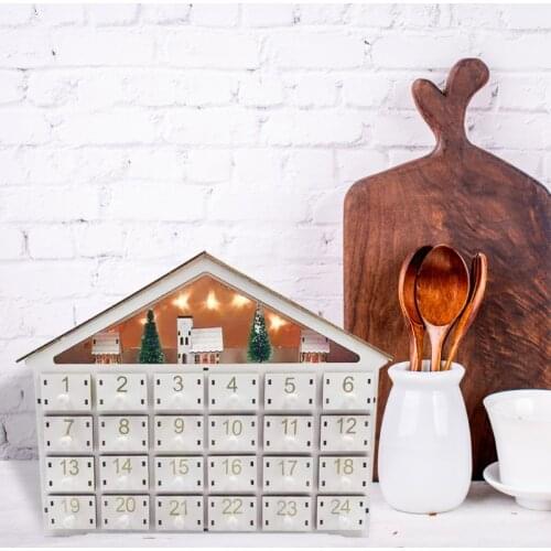 T84E Wooden House Christmas Advent Calendar with 24 Drawers LED Lights Countdown to Christmas Battery Operated Decoration