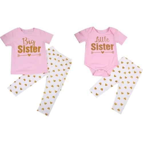 Summer Party Lovely Newborn Baby Girls Letter Romper T-shirt Top Love Heart Print Pant Outfits Sister Family Matching Sets