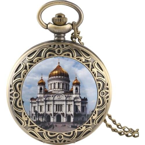 Orthodox Church Moscow Famous Russian Christian Saviour Cathedral Pattern Quartz Pocket Watch Religious Necklace Pendant Watch