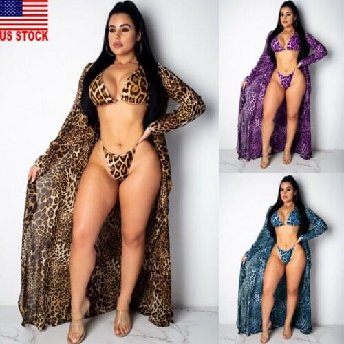 Fashion Women Leopard Sexy Bikini Set Push-Up Padded Swimwear Cover Up Bathing Beachwear US Blue Purple