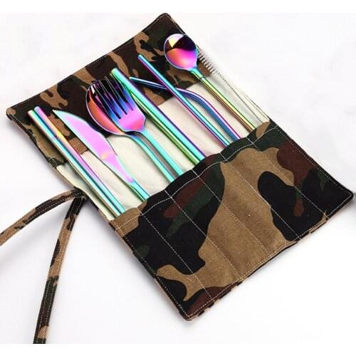 UPORS 9Pcs/Set Portable Cutlery Stainless Steel Cutlery Set Reusable Fork Spoon Knife Set Metal Straw with Case Travel Cutlery